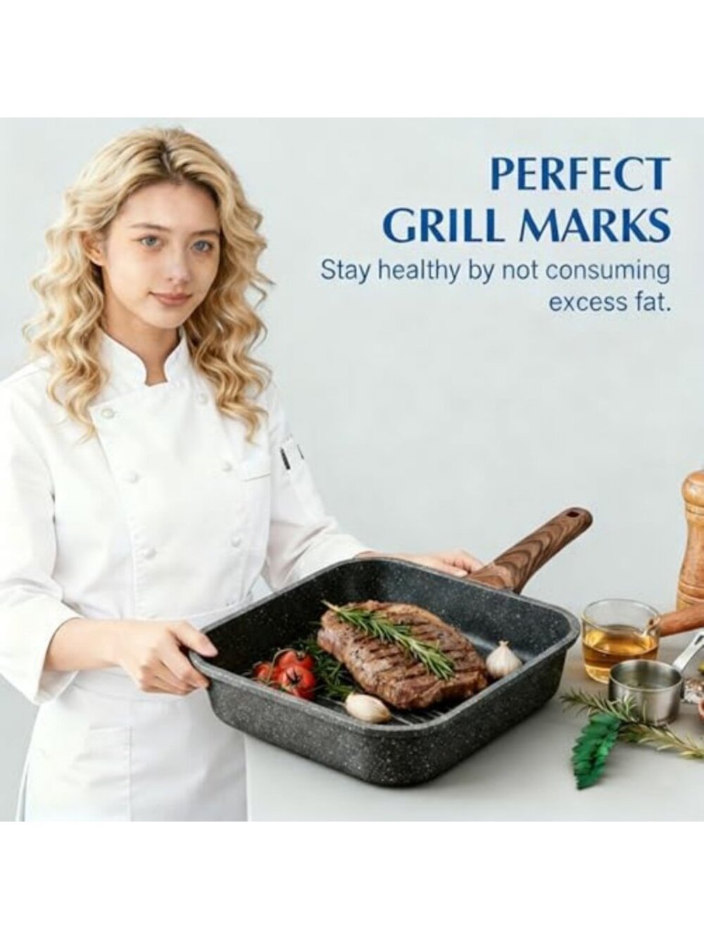 Versatile Nonstick Grill Pan Set - 3 Square Skillets with Wooden Handles, PFOA - Picture 6 of 7